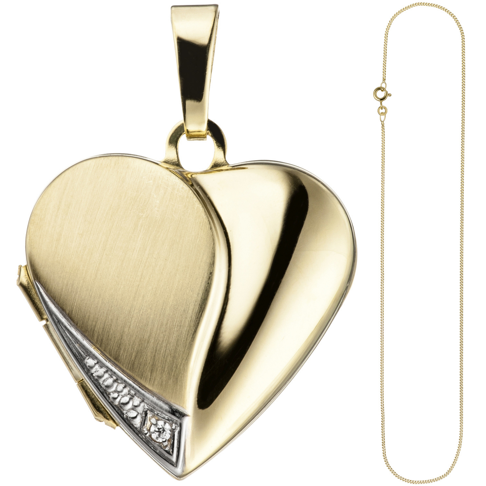 Medaillon Herz Anhänger zum Öffnen für Fotos 333 Gold 1 Zirkonia mit Kette 45 cm