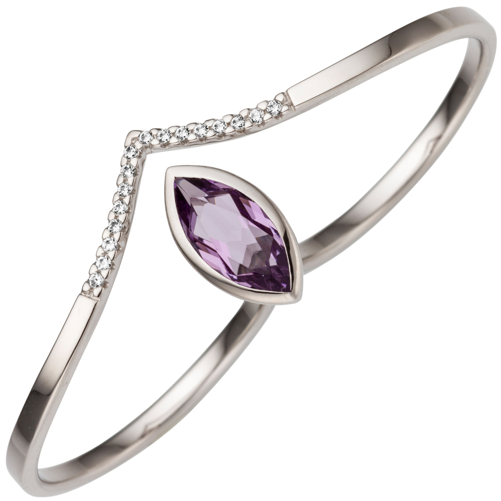 Damen Zweifinger Ring 333 Gold Weißgold 1 Amethyst 16 Zirkonia Zweifingerring - 58mm