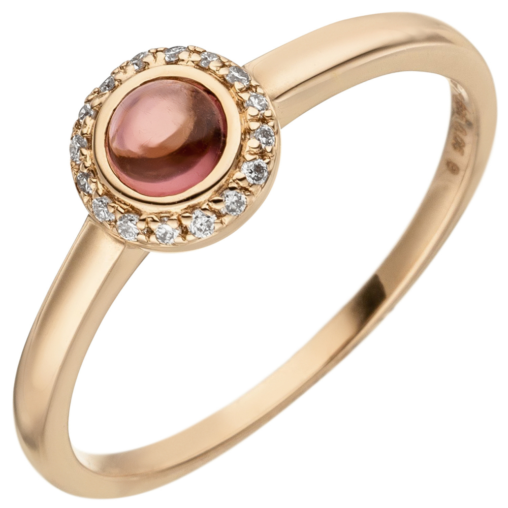 Damen Ring 585 Gold Rotgold 1 Turmalin Cabochon 16 Diamanten Brillanten 0,05ct. - 54mm