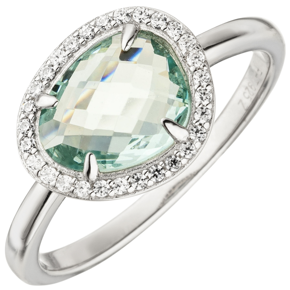 Damen Ring 925 Sterling Silber 1 Glasstein hellblau blau 29 Zirkonia Silberring - 56mm