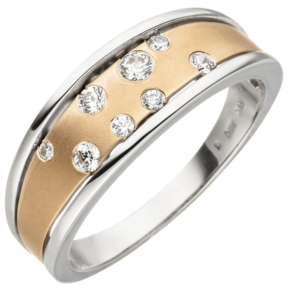 Damen Ring 375 Gold Weißgold Rotgold bicolor matt 8 Zirkonia Goldring - 58mm