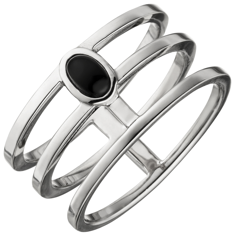 Damen Ring 3-reihig breit 925 Sterling Silber 1 Onyx Silberring Onyxring - 60mm