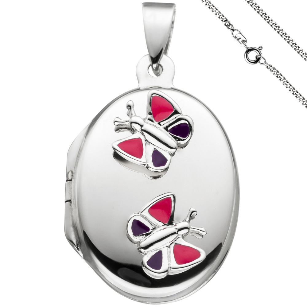 Medaillon Schmetterling Anhänger für 2 Fotos oval 925 Silber mit Kette 50 cm