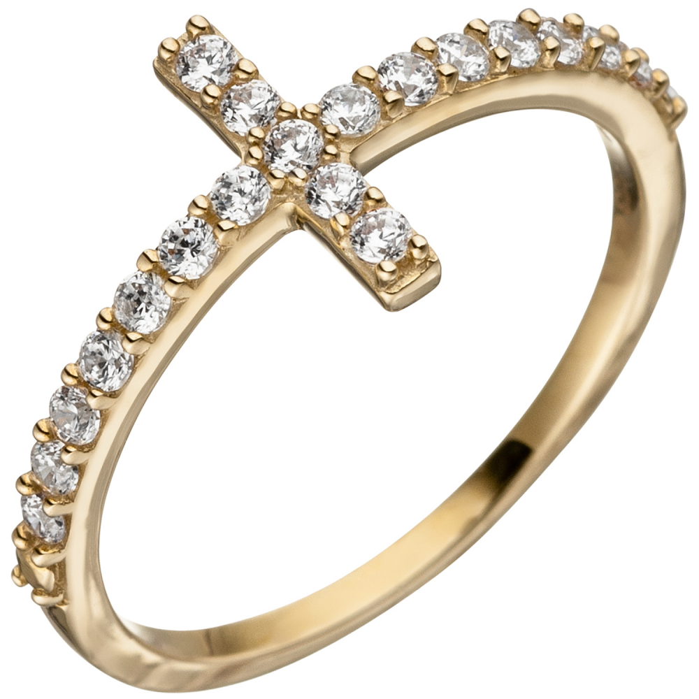 Damen Ring Kreuz 333 Gold Gelbgold 19 Zirkonia Goldring Kreuzring - 50mm