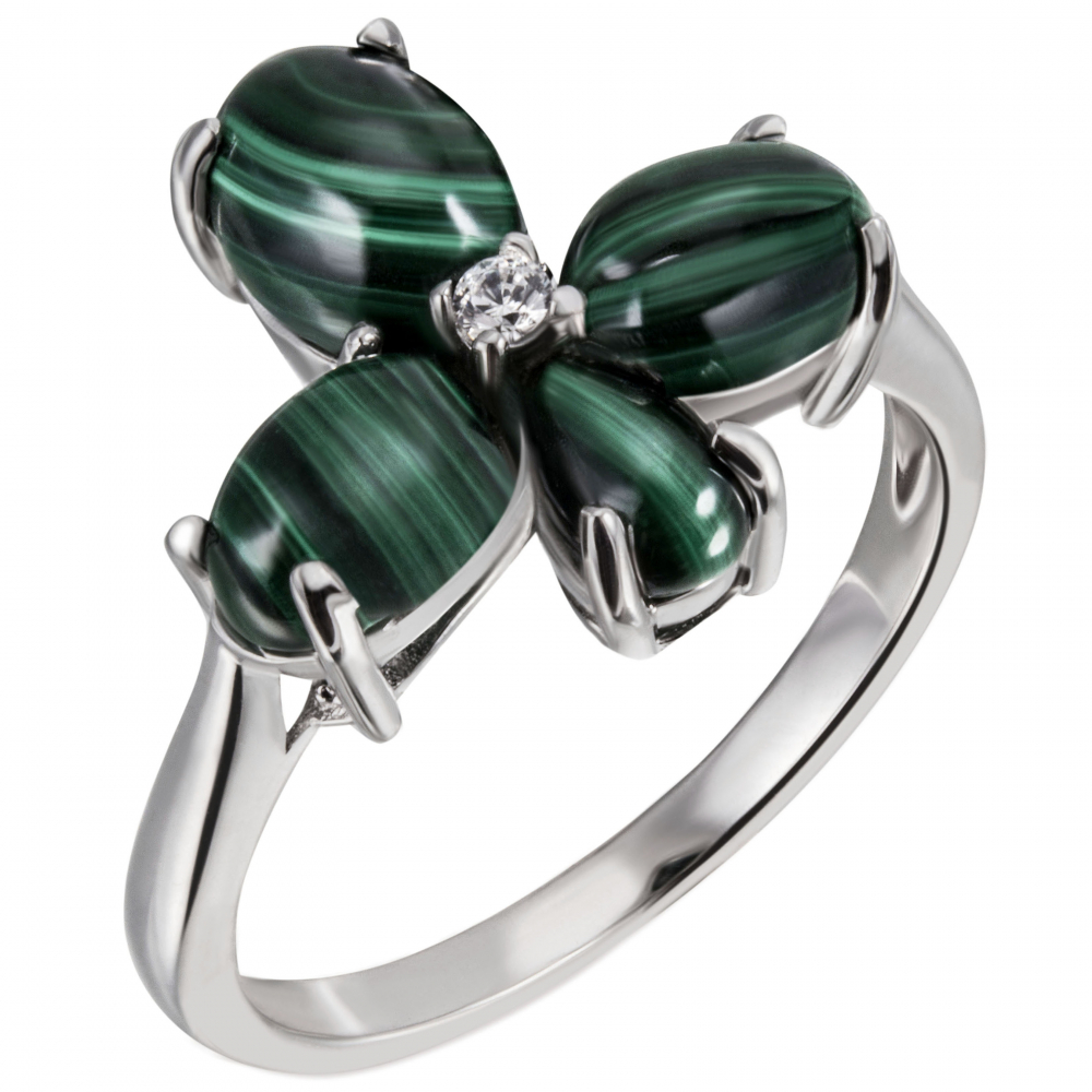 Damen Ring Blume 925 Sterling Silber 4 Malachit-Cabochons grün 1 Zirkonia - 58mm