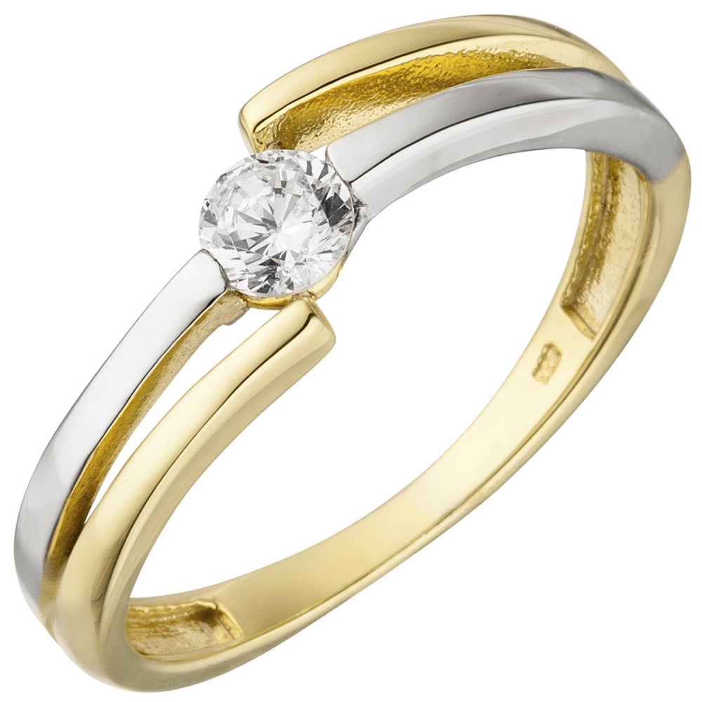 Damen Ring 333 Gold Gelbgold Weißgold bicolor 1 Zirkonia Goldring - 54mm