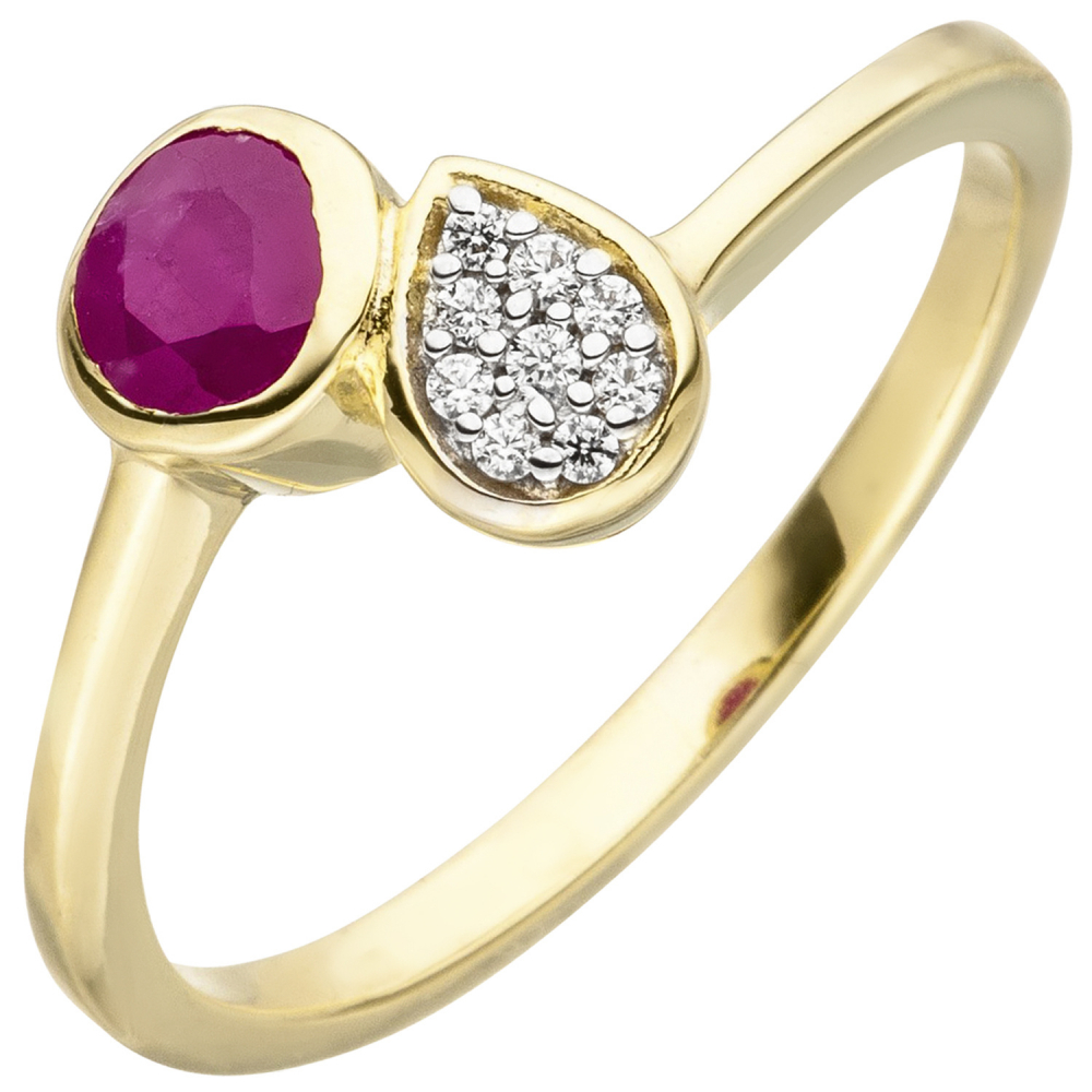 Damen Ring 333 Gold Gelbgold 1 Rubin rot 9 Zirkonia Rubinring - 54mm