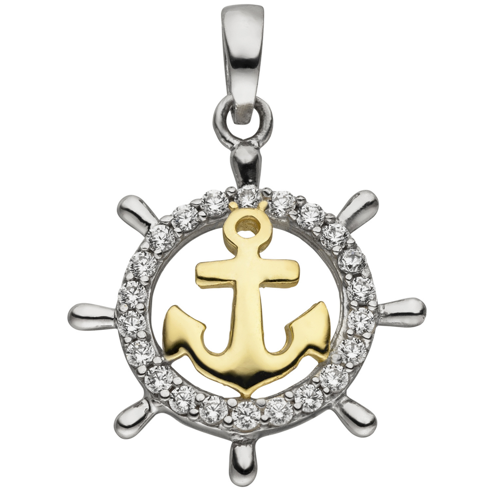Anhänger Steuerrad Anker 925 Silber bicolor vergoldet 22 Zirkonia