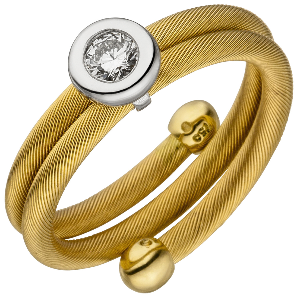 Damen Ring 750 Gelbgold Weißgold bicolor matt 1 Diamant Brillant - 58mm