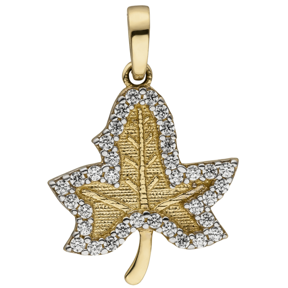 Anhänger Blatt 333 Gold Gelbgold bicolor mattiert 35 Zirkonia Goldanhänger