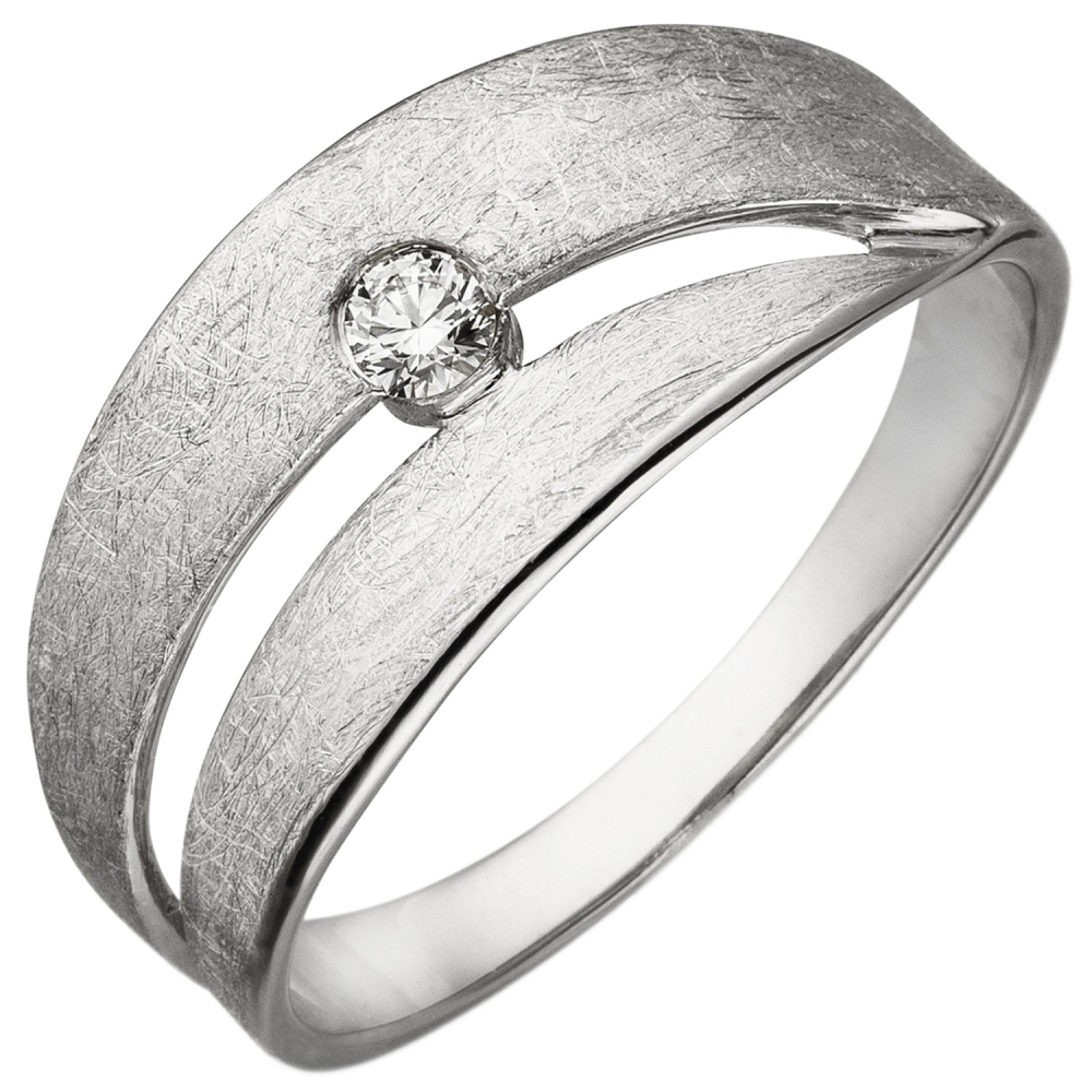 Damen Ring 585 Gold Weißgold eismatt 1 Diamant Brillant 0,09ct. Diamantring - 60mm