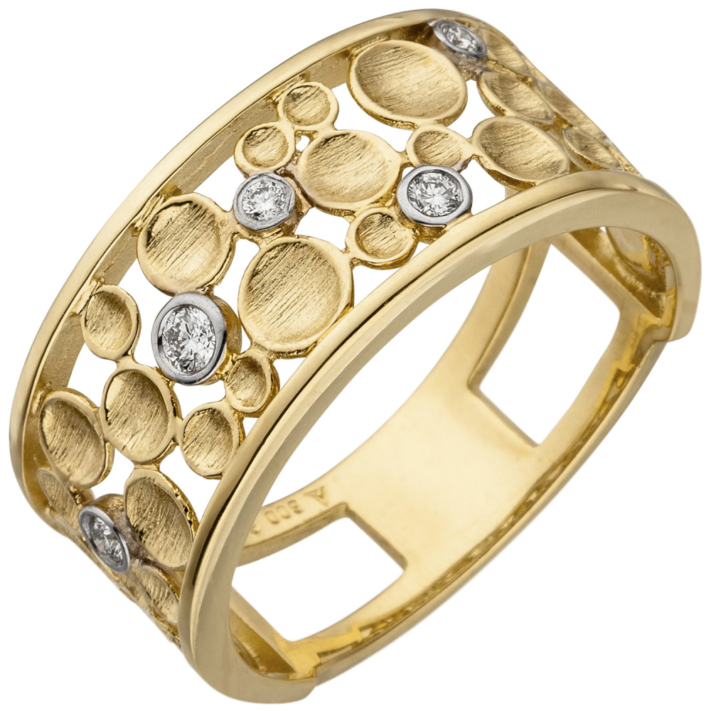Damen Ring breit 585 Gold Gelbgold 5 Diamanten Brillanten Diamantring - 58mm