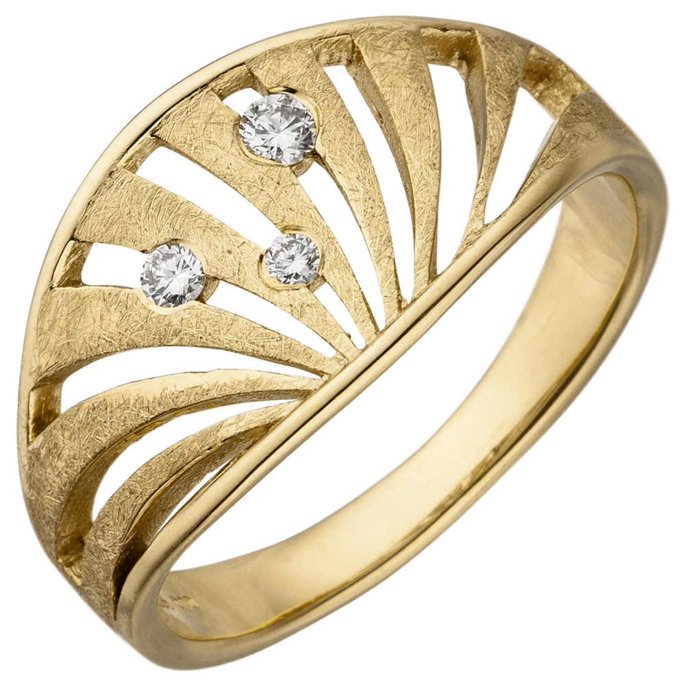 Damen Ring 585 Gold Gelbgold eismatt 3 Diamanten Brillanten Diamantring - 60mm