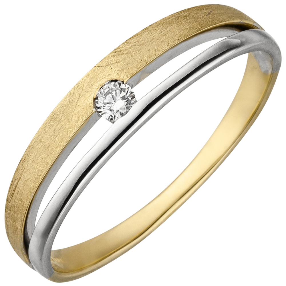 Damen Ring 585 Gold Gelbgold Weißgold bicolor eismatt 1 Diamant Brillant - 60mm