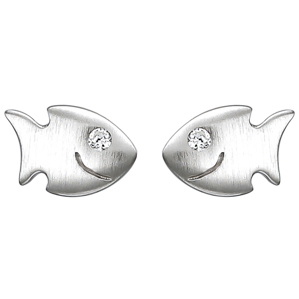 Kinder Ohrstecker Fisch 925 Sterling Silber matt 2 Zirkonia Ohrringe