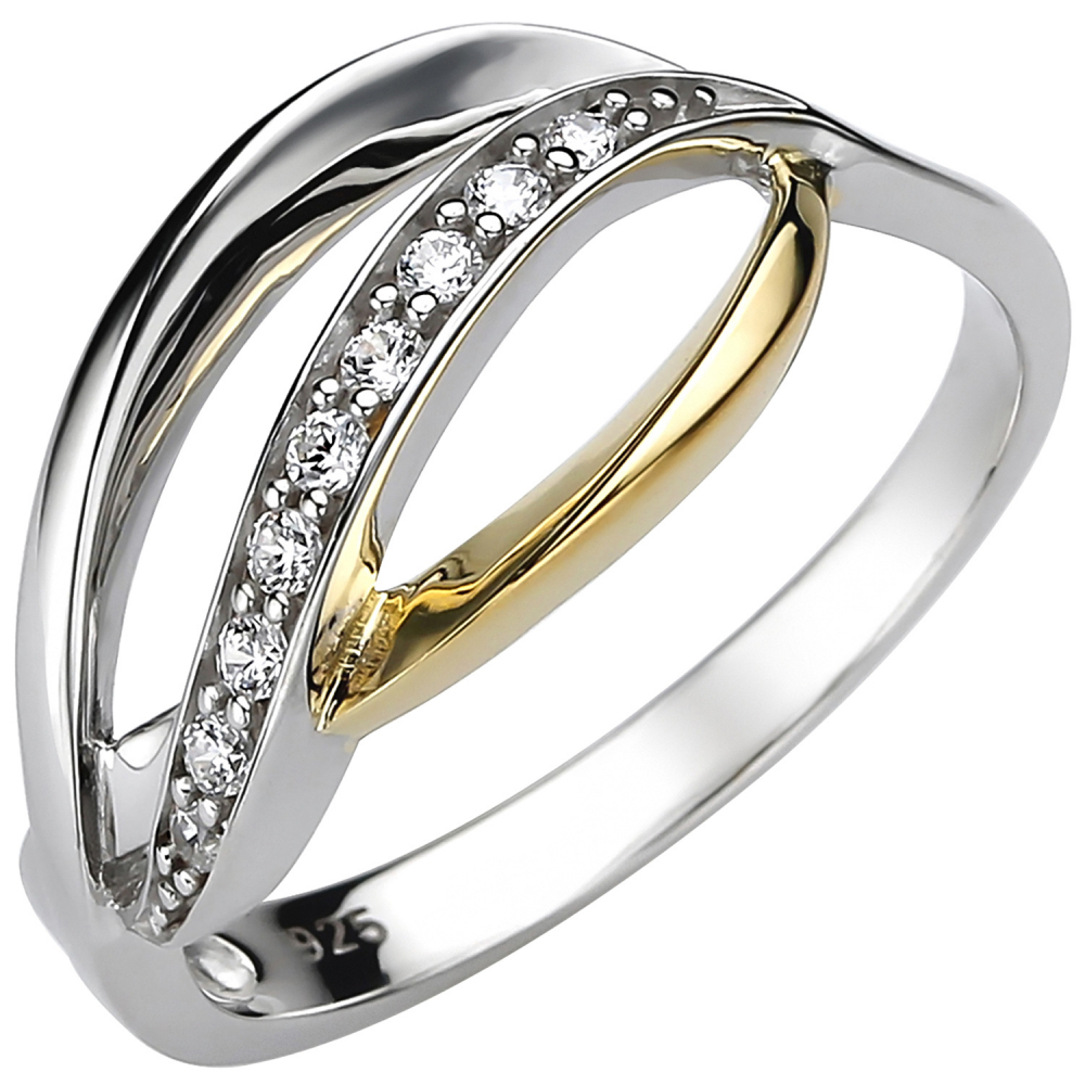 Damen Ring 925 Sterling Silber bicolor vergoldet 9 Zirkonia Silberring - 52mm