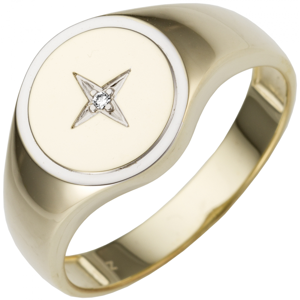 Herren Ring 585 Gold Gelbgold bicolor 1 Diamant Brillant Goldring - 64mm