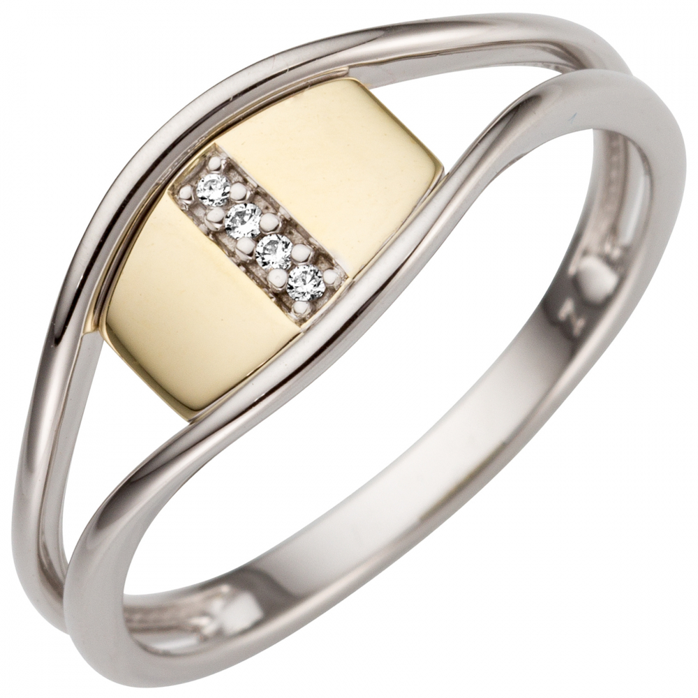 Damen Ring 585 Gold Weißgold Gelbgold bicolor 4 Diamanten Brillanten - 56mm