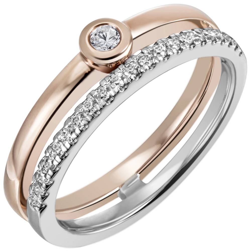 Damen Ring 585 Gold Weißgold Rotgold bicolor 22 Diamanten Brillanten - 56mm