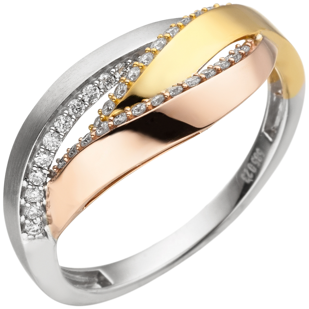 Damen Ring 585 Weißgold Rotgold Tricolor 36 Diamanten Brillanten - 58mm