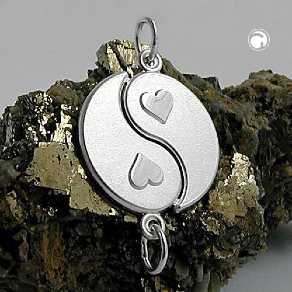 Anhänger 20mm Doppelanhänger Yin Yang mit 2 Herzen matt-glänzend Silber 925