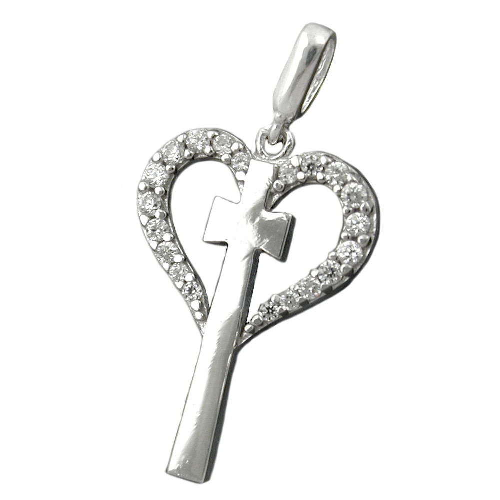 Anhänger 20x14mm Kreuz Herz Zirkonias rhodiniert Silber 925