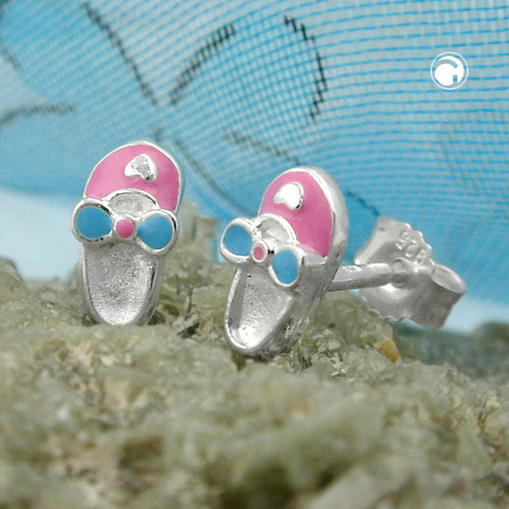 Stecker 8x4mm Kinderohrring Schuh rosa-hellblau lackiert Silber 925