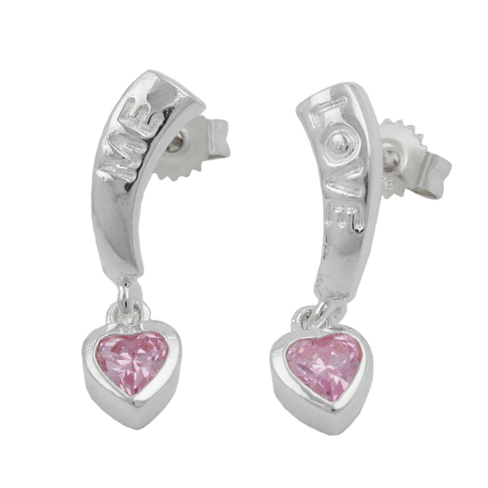 Stecker 20x5mm mit Herz Zirkonia pink und Schriftzug LOVE ME Silber 925
