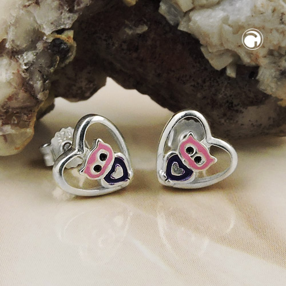 Stecker 8mm kleine Eule im Herz lila-pink glänzend Silber 925