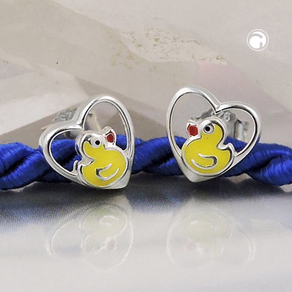 Stecker 8mm Kinderohrring kleine Ente im Herz farbig lackiert Silber 925