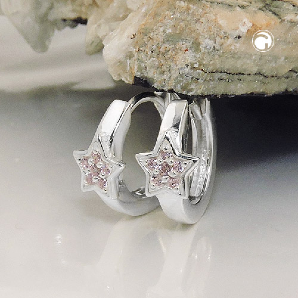 Creole 12x2mm Klappscharnier Stern mit Zirkonias pink Silber 925