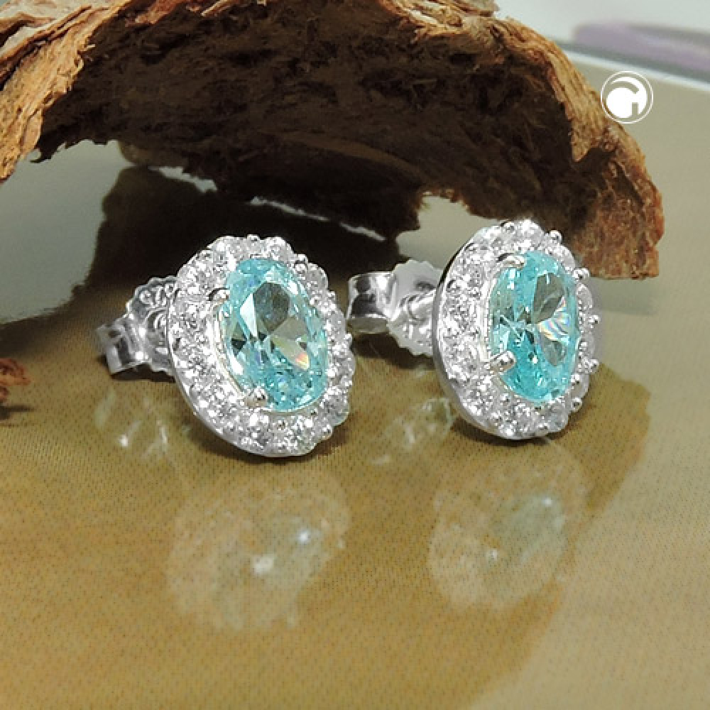 Stecker 9x7mm Zirkonias weiß und hellblau Silber 925