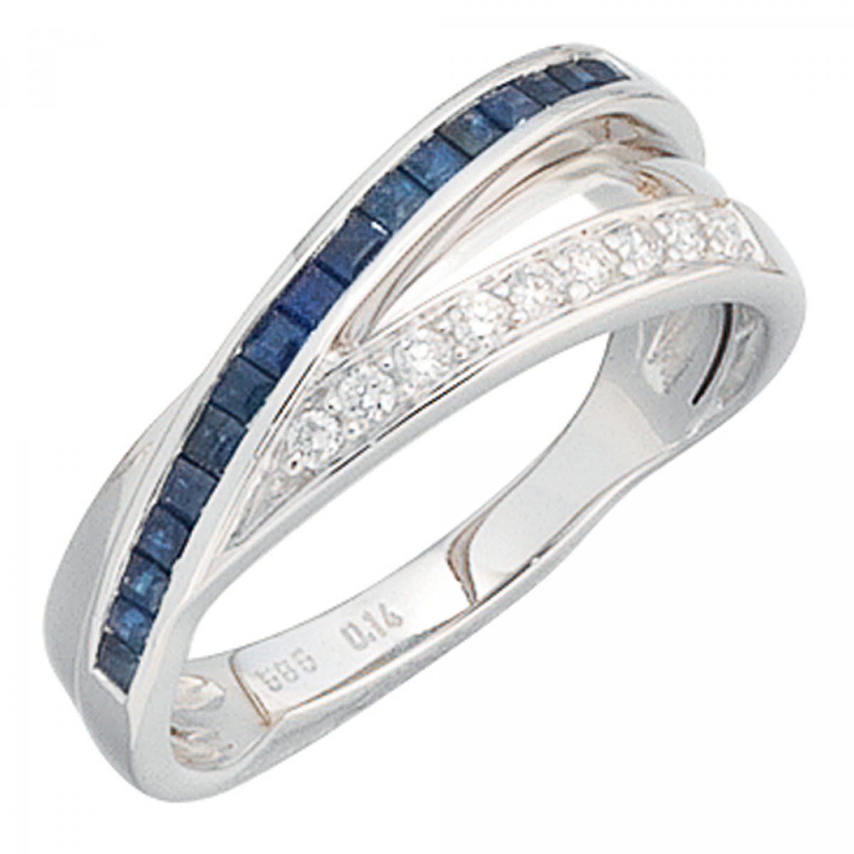 Damen Ring 585 Gold Weißgold 9 Diamanten Brillanten 0,14ct. 17 Safire blau - 60mm