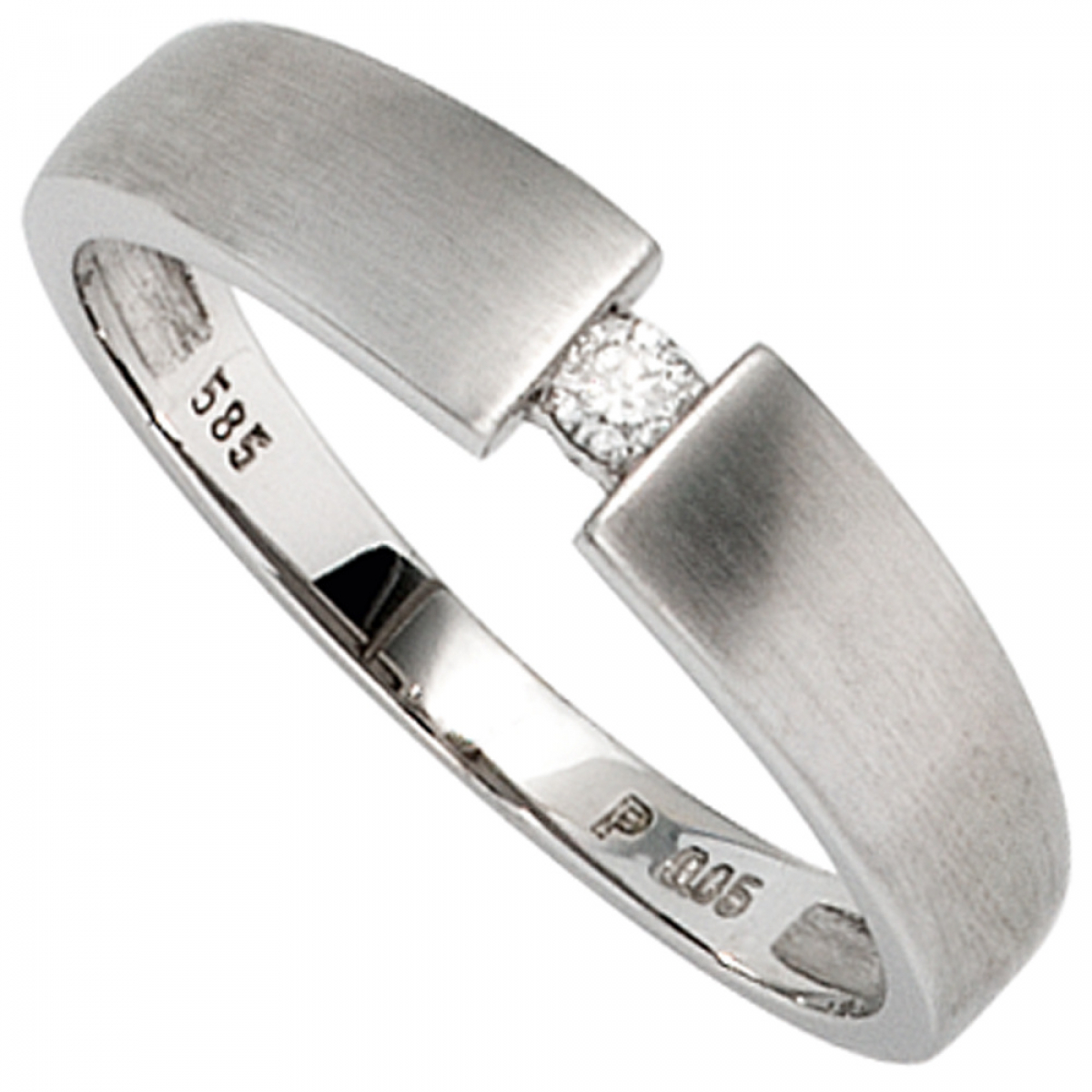 Damen Ring 585 Gold Weißgold matt 1 Diamant Brillant 0,05ct. Weißgoldring - 52mm