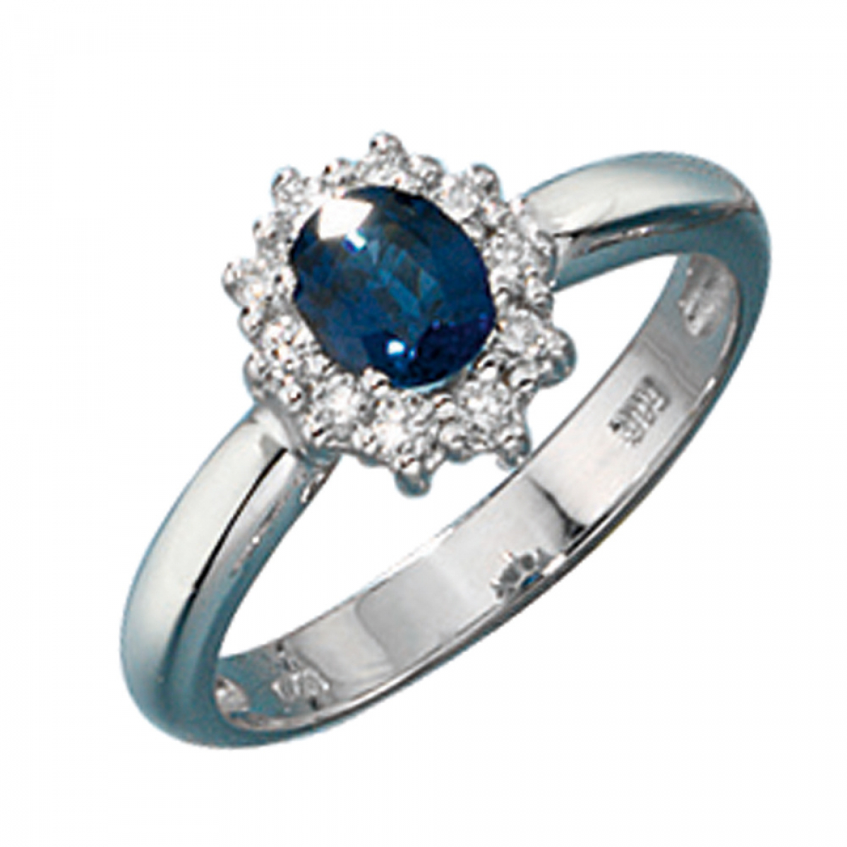 Damen Ring 585 Gold Weißgold 1 Safir blau 10 Diamanten Brillanten Goldring - 58mm