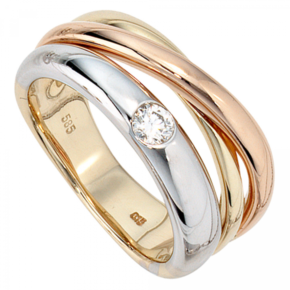 Damen Ring 585 Gold dreifarbig tricolor 1 Diamant Brillant 0,15ct. Goldring - 60mm