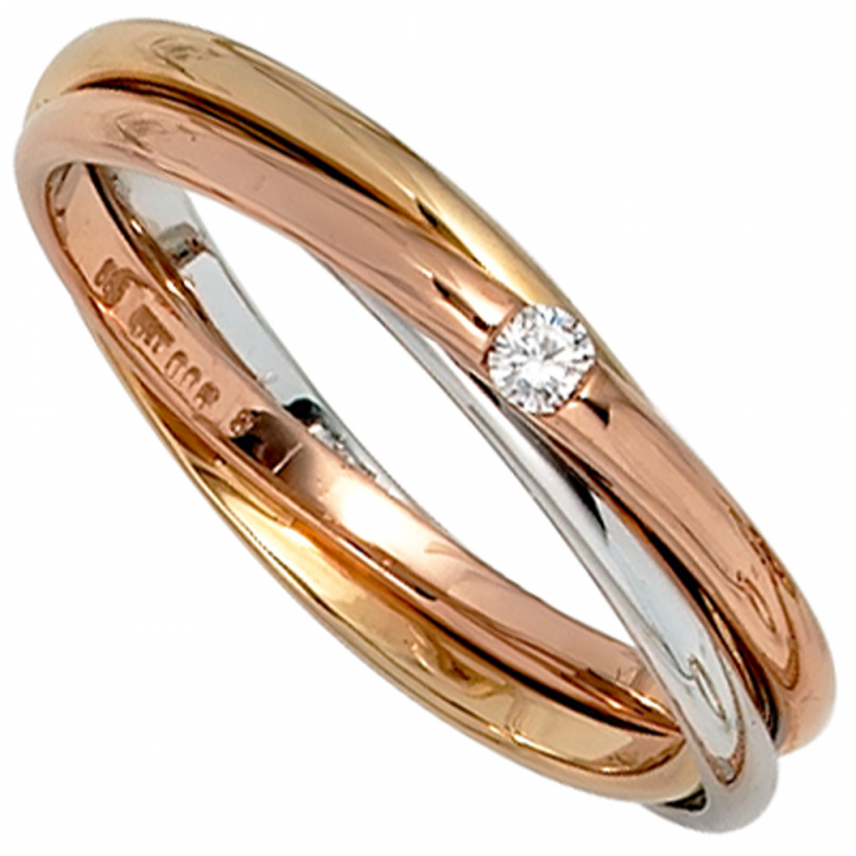 Damen Ring verschlungen 585 Gold tricolor dreifarbig 1 Diamant Brillant 0,06ct. - 54mm