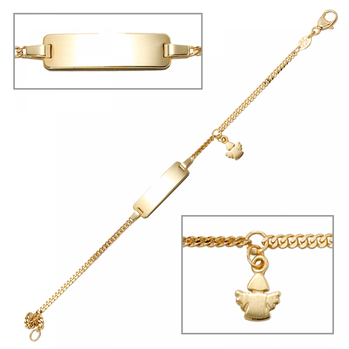 Schildband Engel 585 Gold Gelbgold 14 cm Gravur ID Armband Schutzengel Karabiner