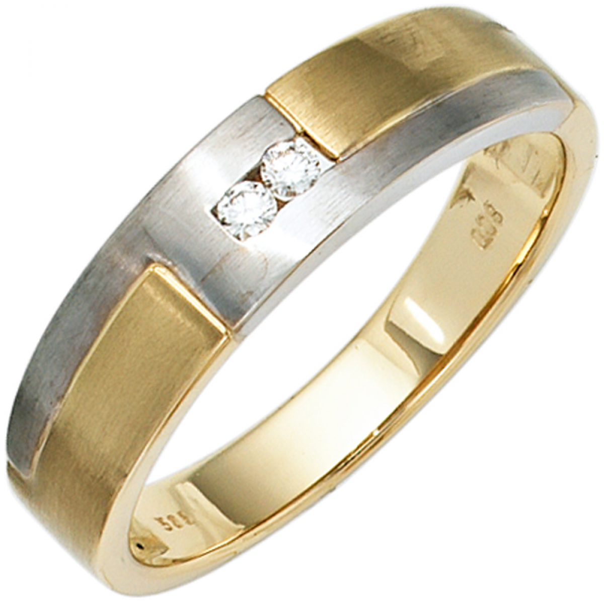 Herren Ring 585 Gold Gelbgold Weißgold mattiert 2 Diamanten Brillanten Goldring - 66mm
