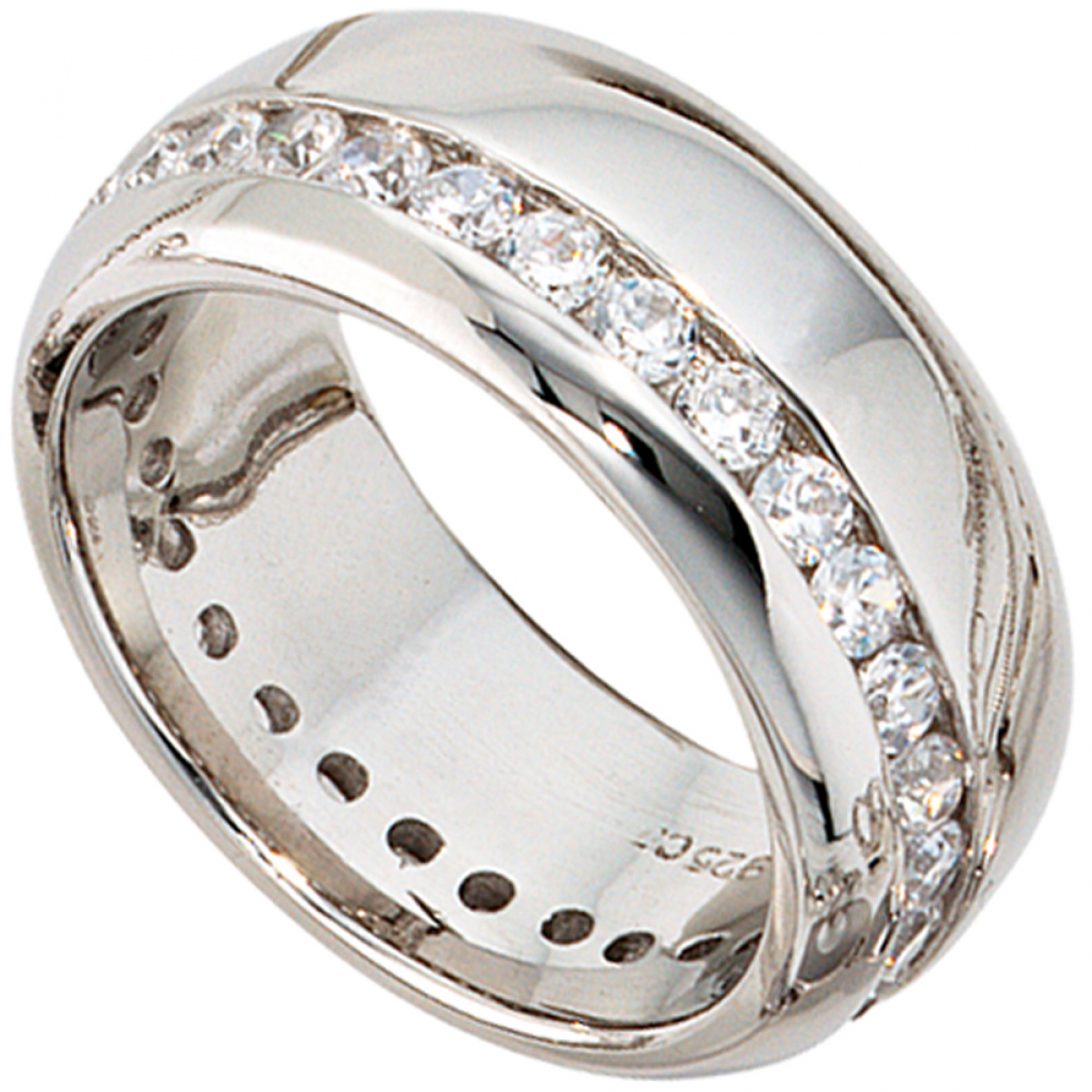Damen Ring breit 925 Sterling Silber rhodiniert mit Zirkonia rundum Silberring - 58mm