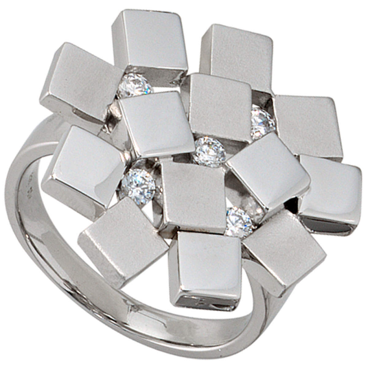 Damen Ring 925 Sterling Silber rhodiniert mattiert 5 Zirkonia Silberring - 58mm