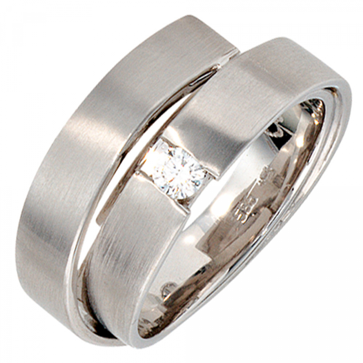 Damen Ring 585 Gold Weißgold matt 1 Diamant Brillant 0,12ct. Weißgoldring - 60mm