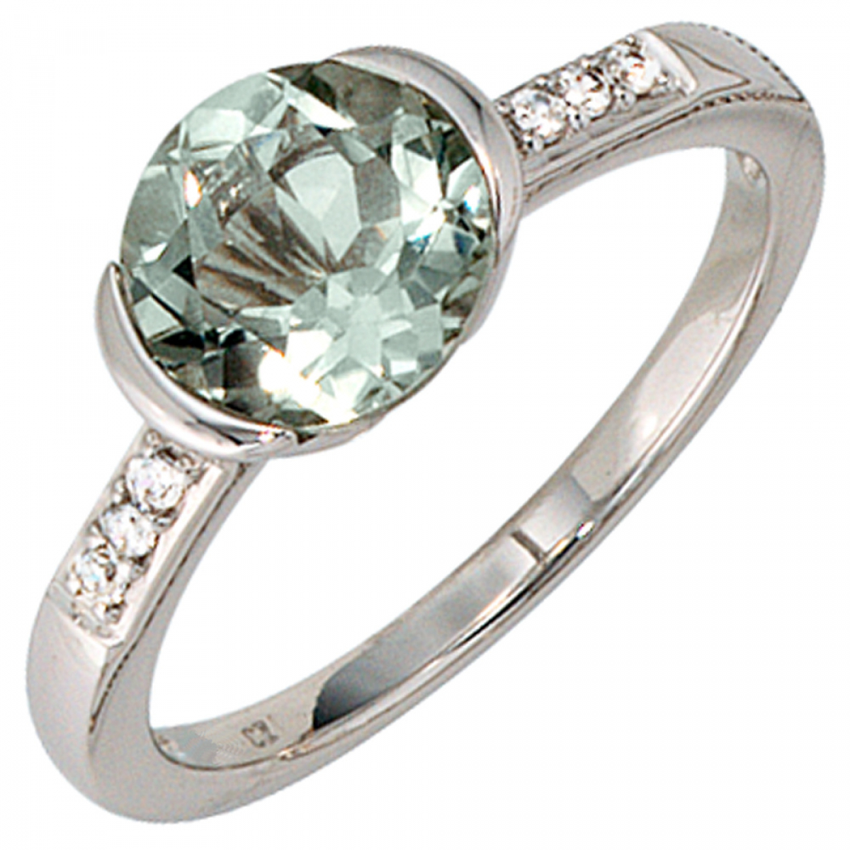 Damen Ring 585 Gold Weißgold 6 Diamanten Brillanten 1 Amethyst grün Goldring - 52mm