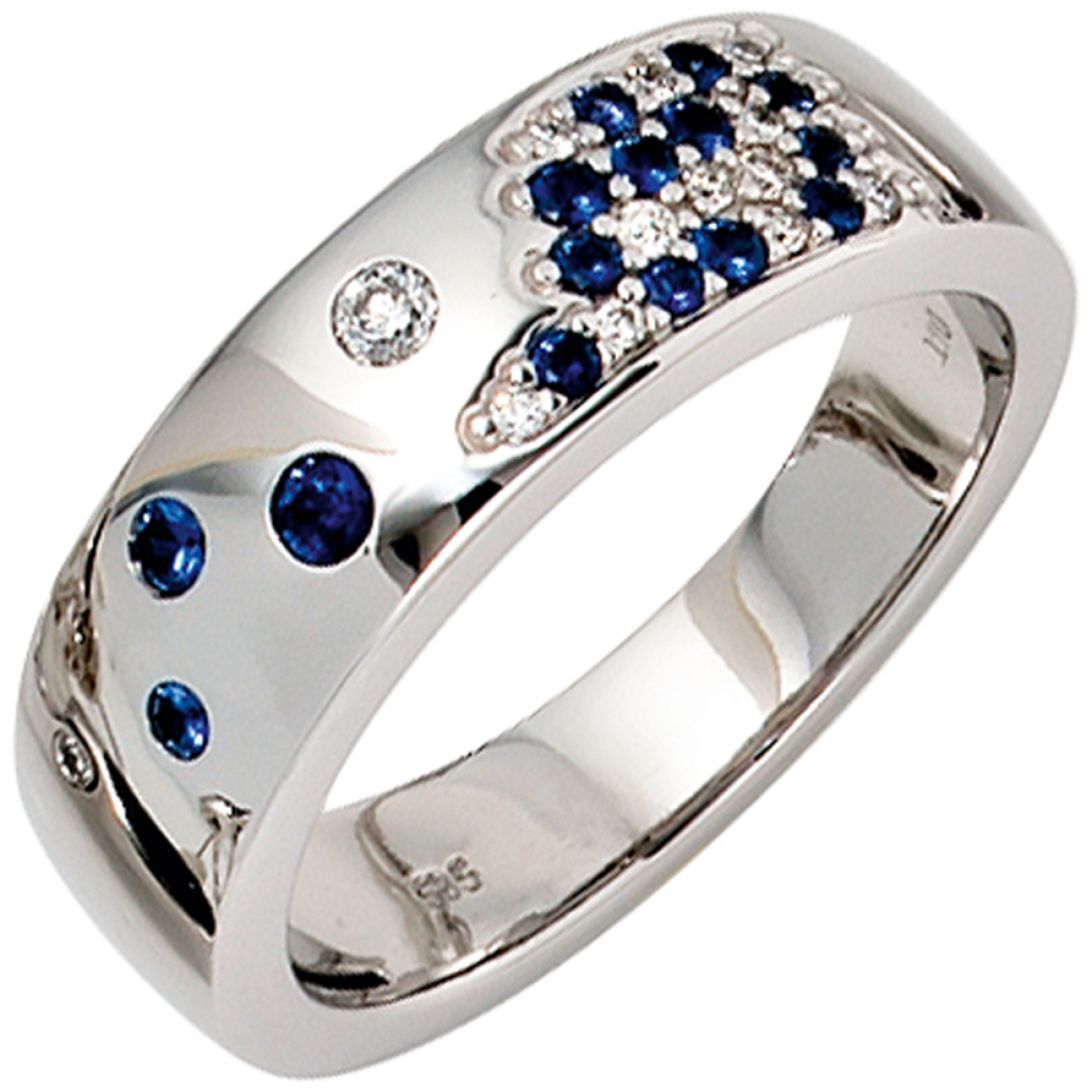 Damen Ring 585 Gold Weißgold 13 Diamanten Brillanten 0,10ct. 15 Safire blau - 60mm