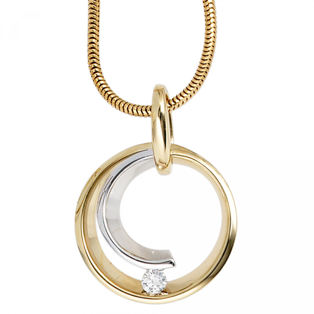 Anhänger rund 585 Gold Gelbgold Weißgold bicolor 1 Diamant Brillant 0,10ct.