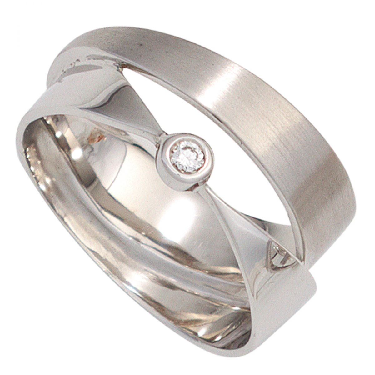 Damen Ring breit 585 Gold Weißgold matt mattiert 1 Diamant Brillant Weißgoldring - 58mm