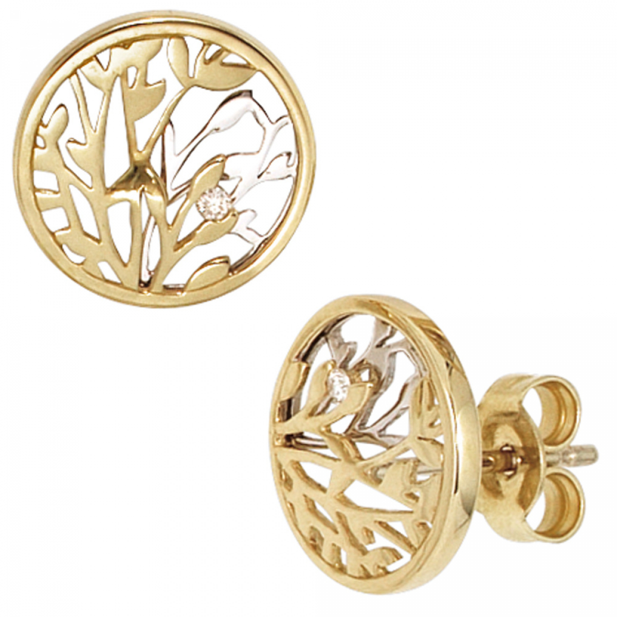 Ohrstecker rund 585 Gold Gelbgold Weißgold bicolor 2 Diamanten Brillanten