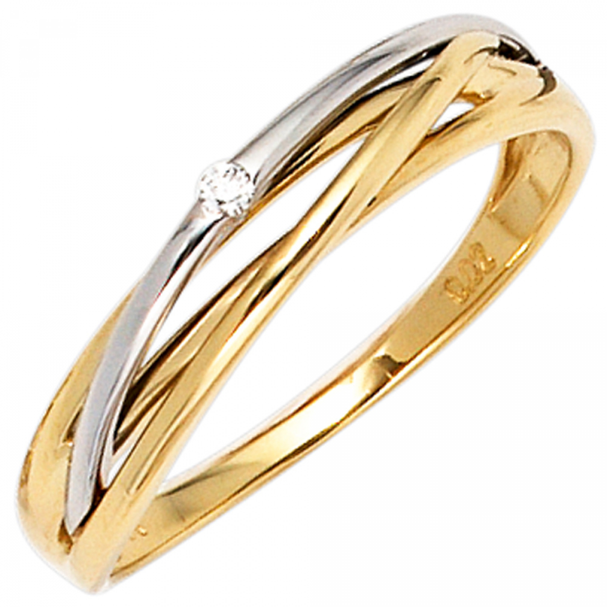 Damen Ring 585 Gold Gelbgold Weißgold bicolor 1 Diamant Brillant 0,02ct. - 52mm