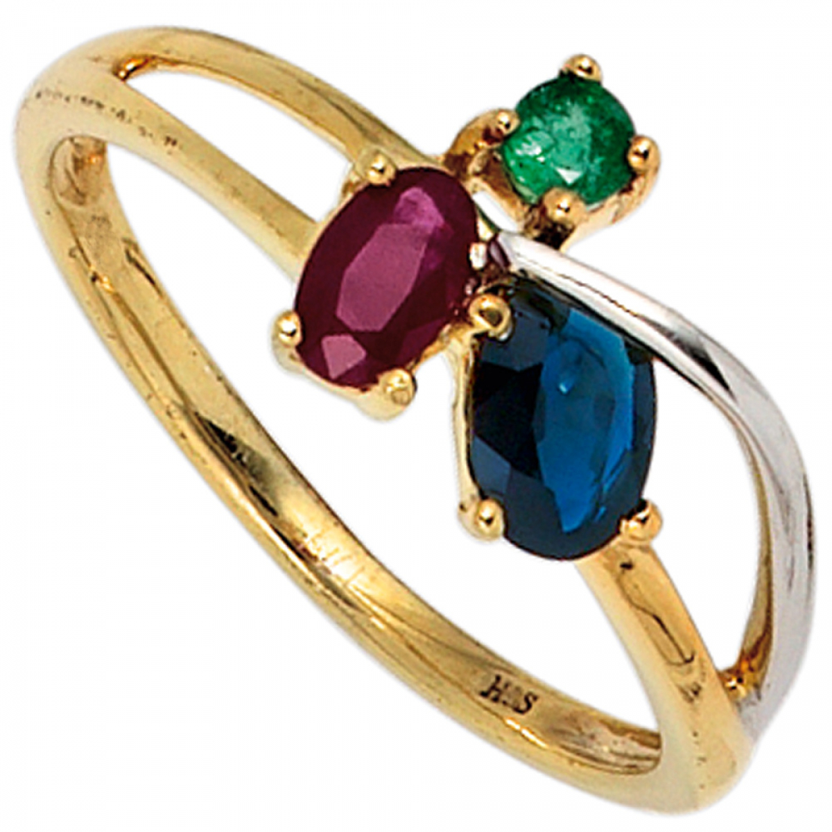 Damen Ring 585 Gold Gelbgold bicolor 1 Rubin 1 Safir 1 Smaragd Goldring - 50mm