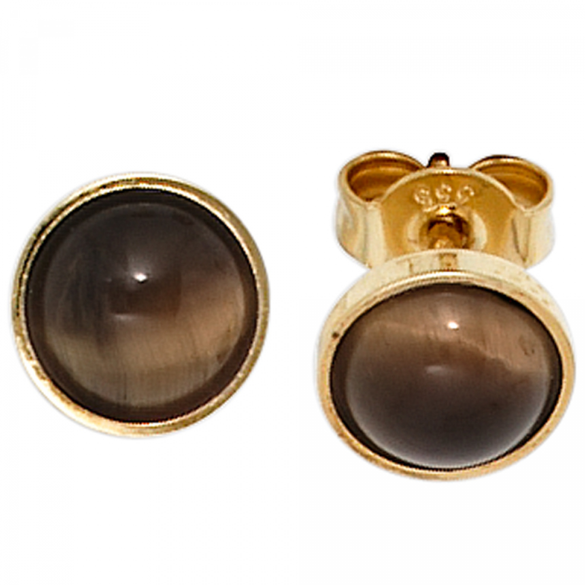 Ohrstecker rund 333 Gold Gelbgold 2 Tigeraugen braun Ohrringe Goldohrstecker